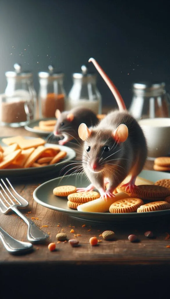 rat dans la cuisine qui marche sur de la nourriture