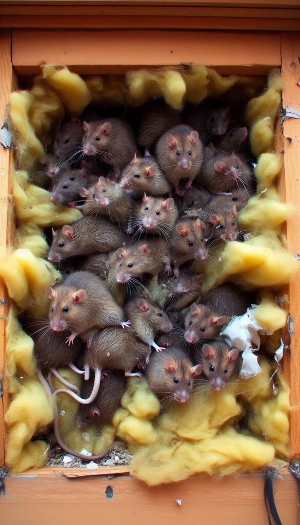 Colonie de rats dans l'isolation en laine de verre dans les combles de la maison