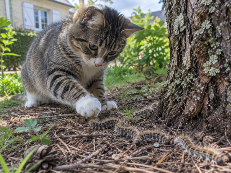 Chat jouant avec des chenilles processionnaires : attention !