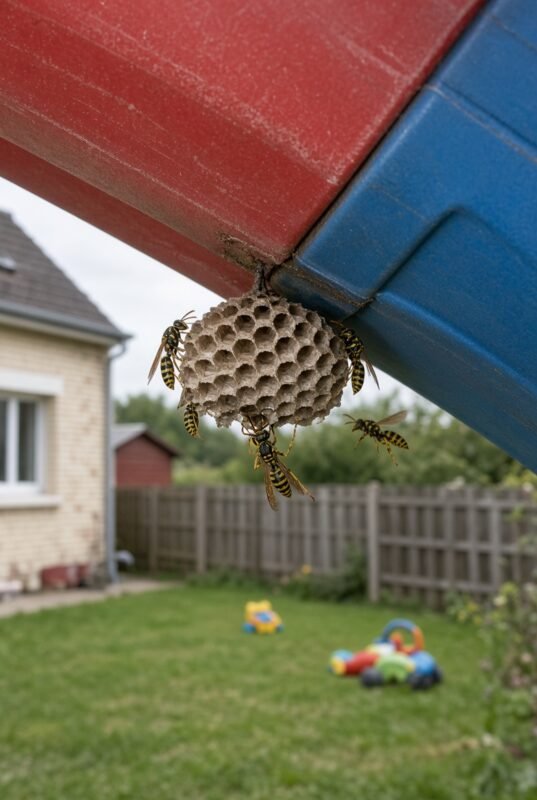 Nid de guêpes sous un toboggan