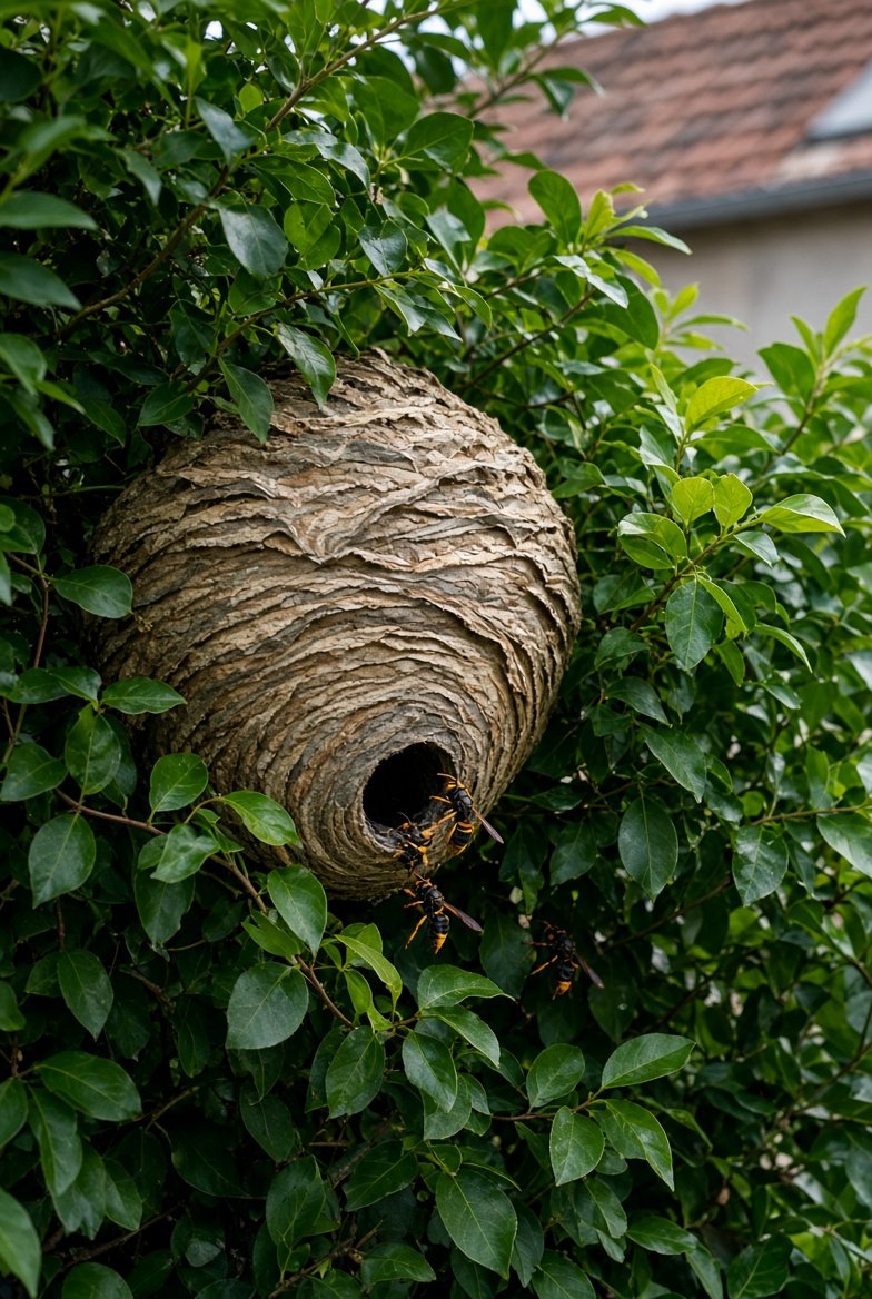 Nid de frelons asiatiques dans la haie